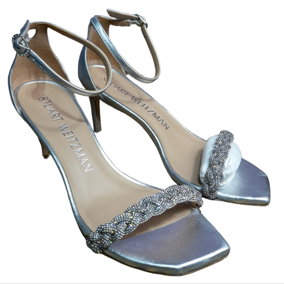 Stuart Weitzman Nudist Curve Braided Sandals Silver Liquid Metallic 7.5 - Picture 2 of 6